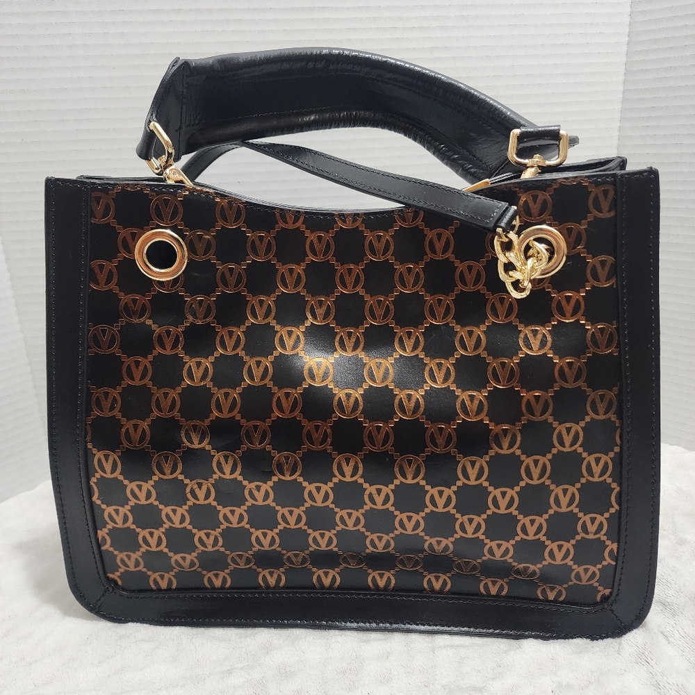 Mario Valentino Shoulder Bag Black Metallic Embossed Momogram Logo NWT - Picture 4 of 15